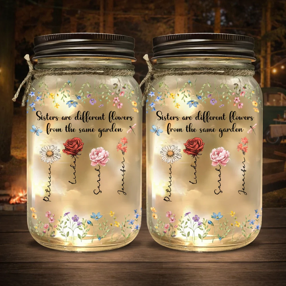 Glass Mason Jar Light 'Sisters are different flowers from the same garden', Personalized Keepsake, Thoughtful Sister Gift - Image 5