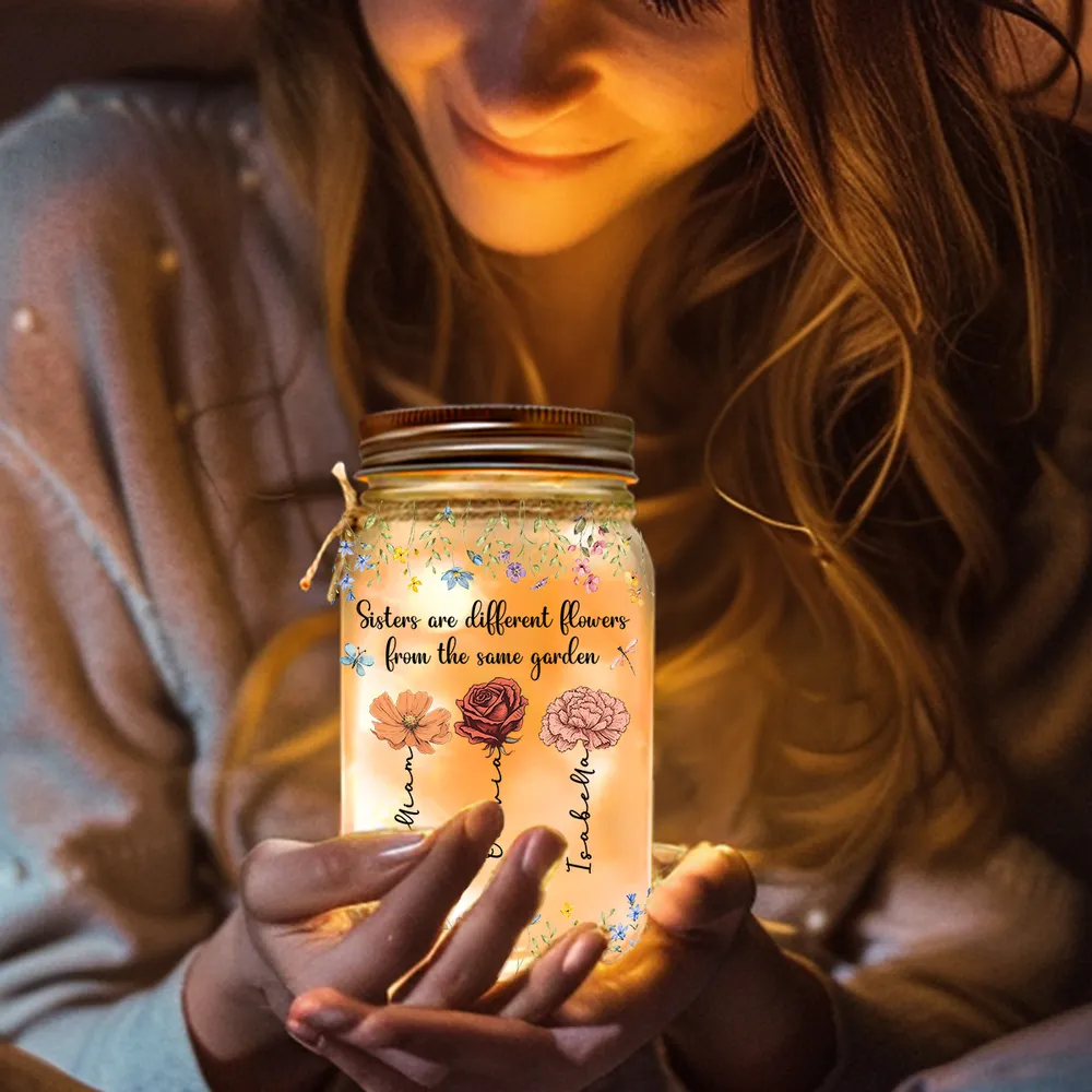 Glass Mason Jar Light 'Sisters are different flowers from the same garden', Personalized Keepsake, Thoughtful Sister Gift - Image 7