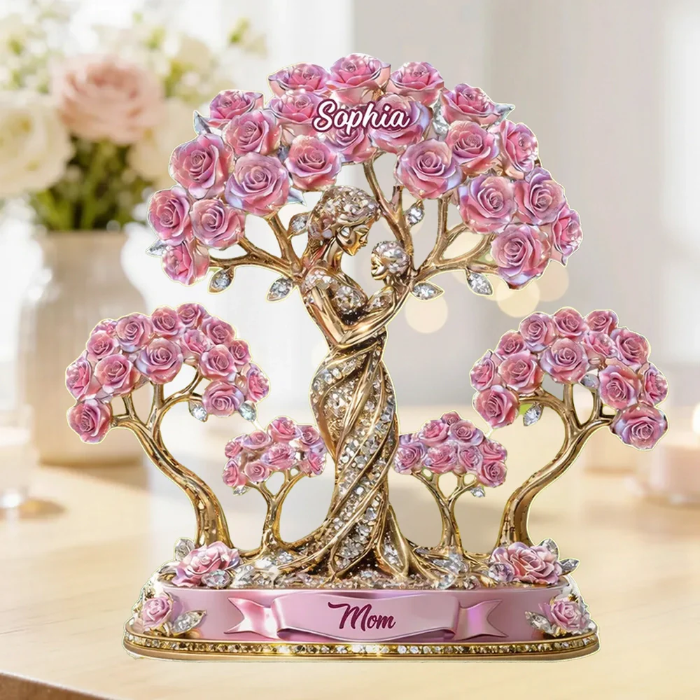 Personalized Shaped Acrylic Block Plaque with Mom and Child Under Rose Trees, Unique Heartfelt Gift for Mom