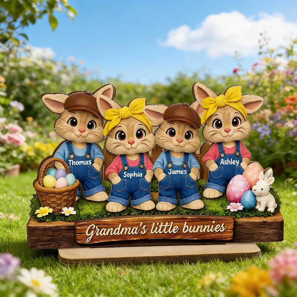 Personalized 2-Layer Wooden Plaque with Grandma's Little Bunnies, Easter Basket Scene, Unique Gift for Grandma