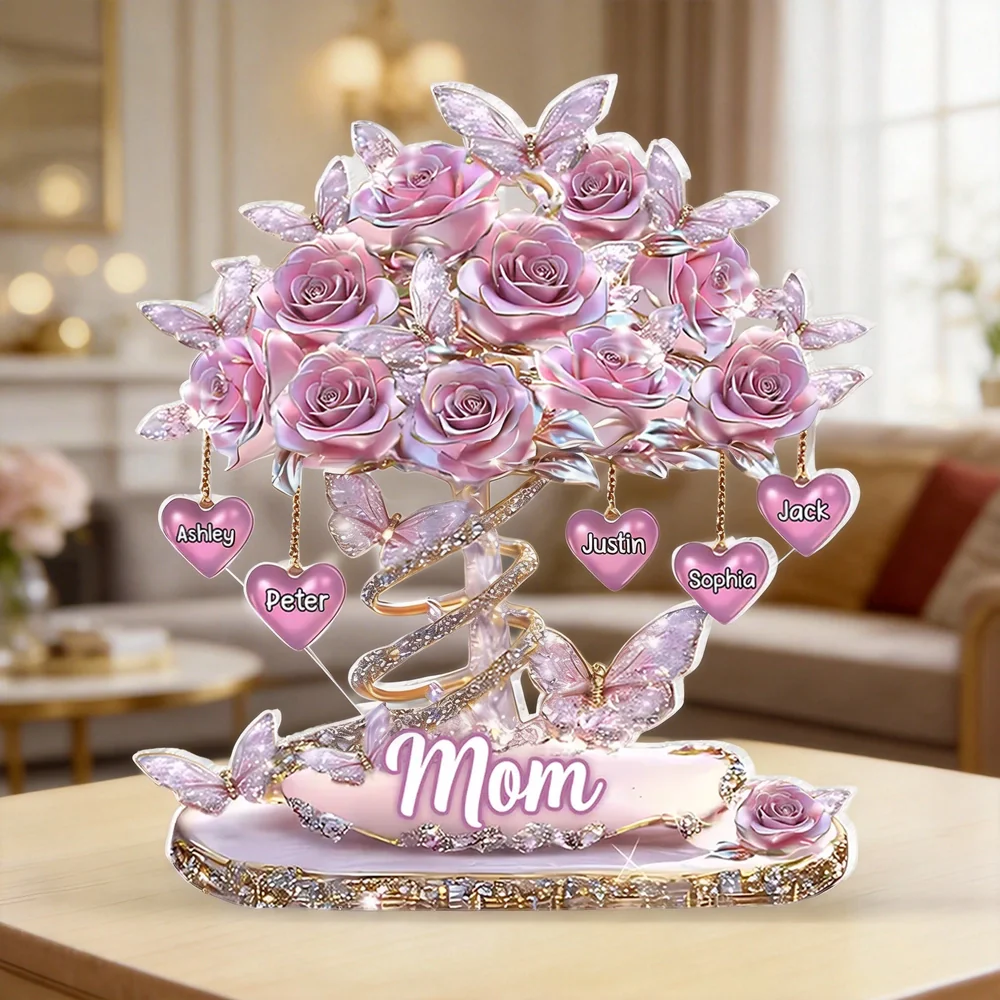 Personalized Heart Rose Tree Shaped Acrylic Block Plaque for Mom, Sparkly Butterfly Shelf Decor, Unique Gift