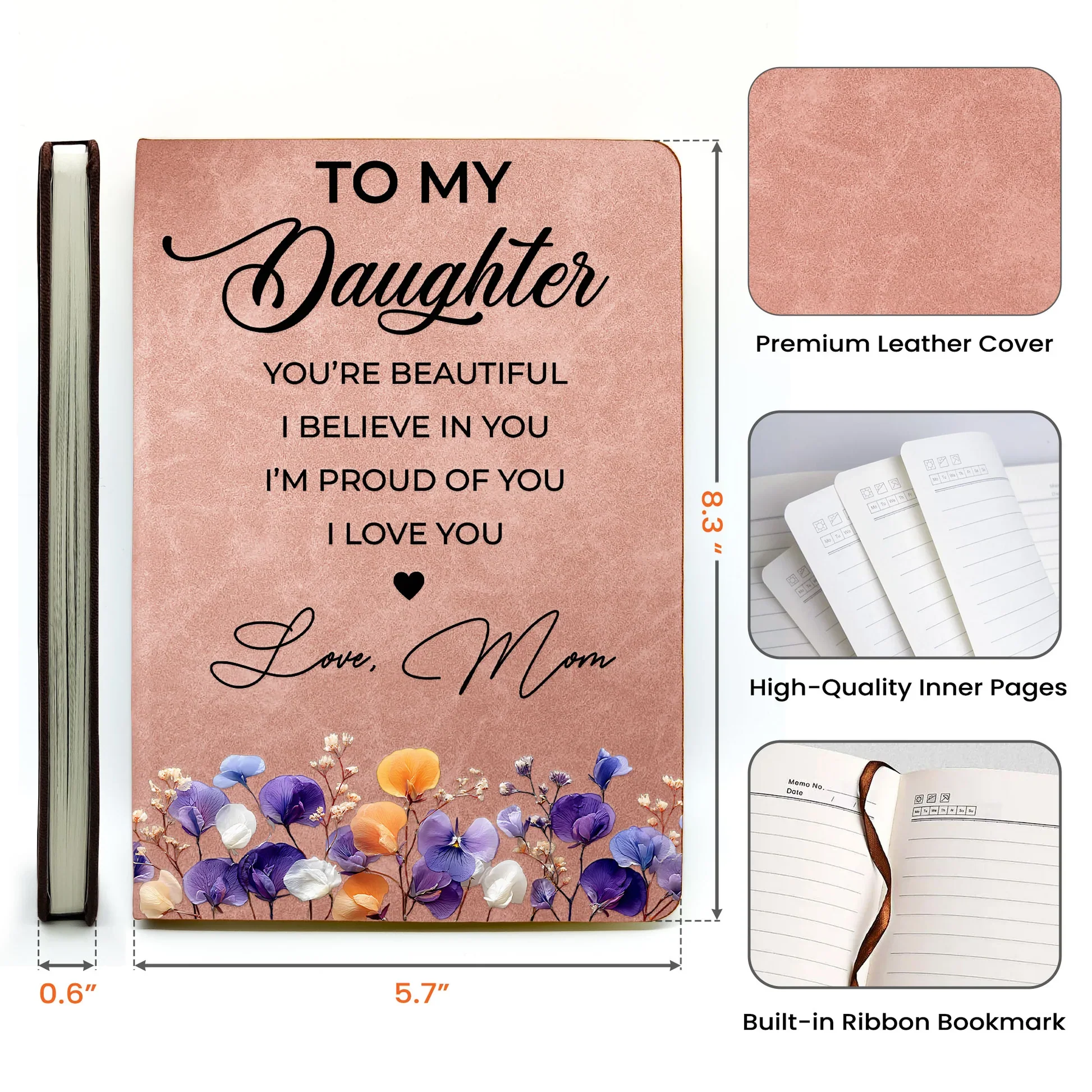 Personalized Leather Journal With Floral Quote Cover, Encouraging Gift For Daughter, Niece Or Granddaughter - Image 4