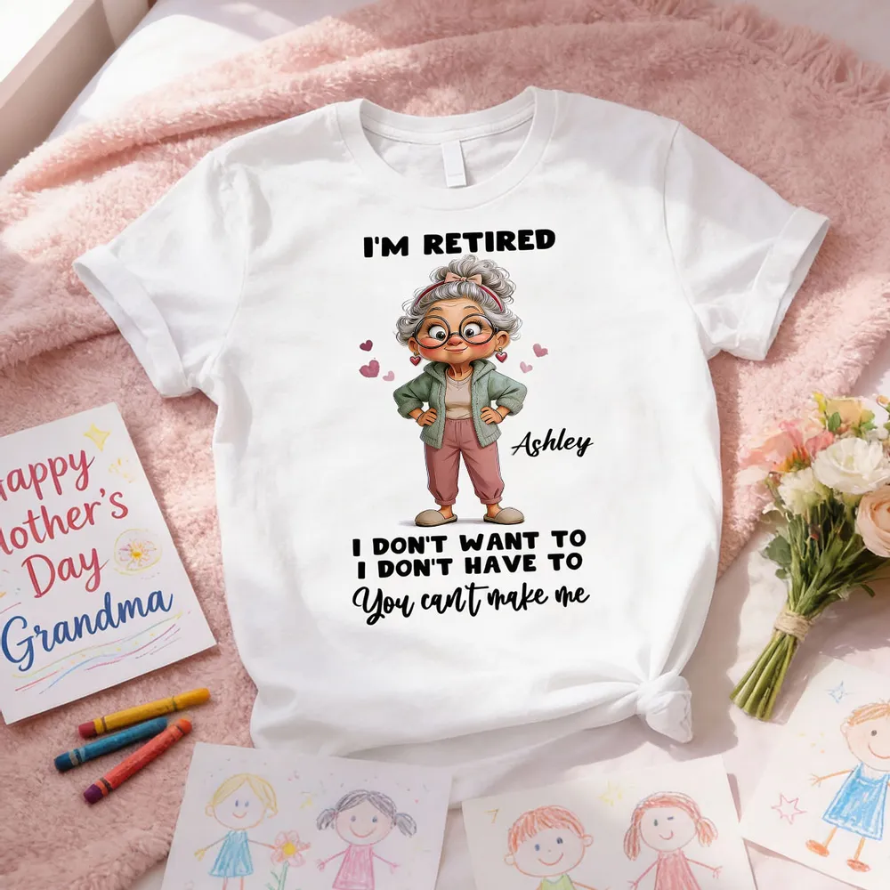 Personalized Classic Tee 'I'm Retired' Cute Cartoon Grandma Shirt, Funny Everyday Wear, Unique Retirement Gift for Mom or Grandma - Image 7