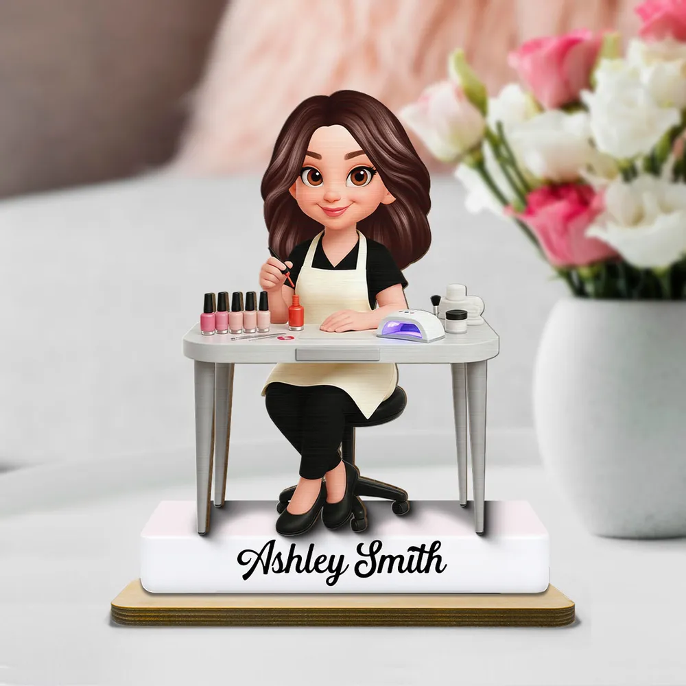 Personalized 2-Layer Wooden Plaque Nail Technician Desk Scene Cute Cartoon Style Unique Gift For Salon Workspaces - Image 2