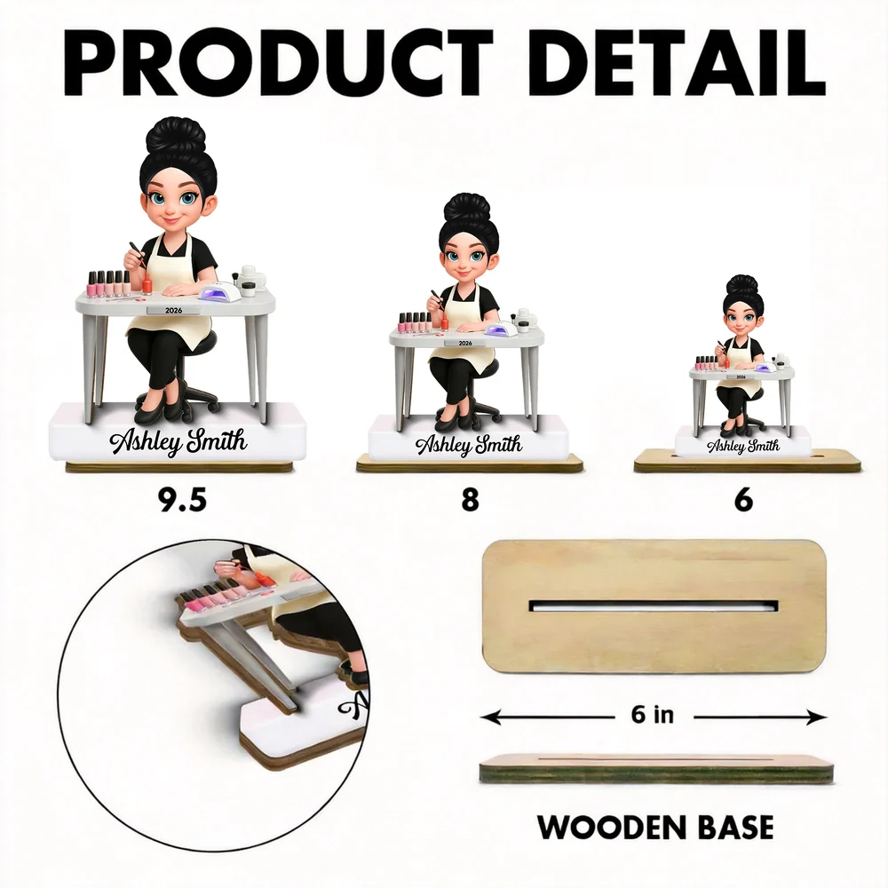 Personalized 2-Layer Wooden Plaque Nail Technician Desk Scene Cute Cartoon Style Unique Gift For Salon Workspaces - Image 4