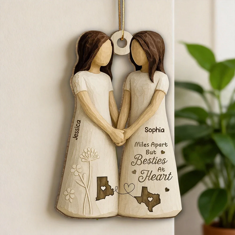 Personalized Wooden Ornament Best Friends Holding Hands, Simple Neutral Decor, Unique Besties Gift for Her