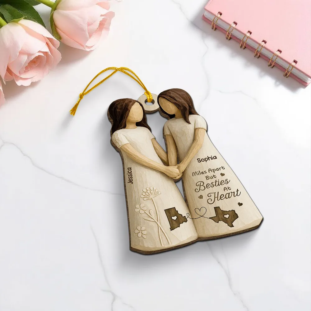 Personalized Wooden Ornament Best Friends Holding Hands, Simple Neutral Decor, Unique Besties Gift for Her - Image 3