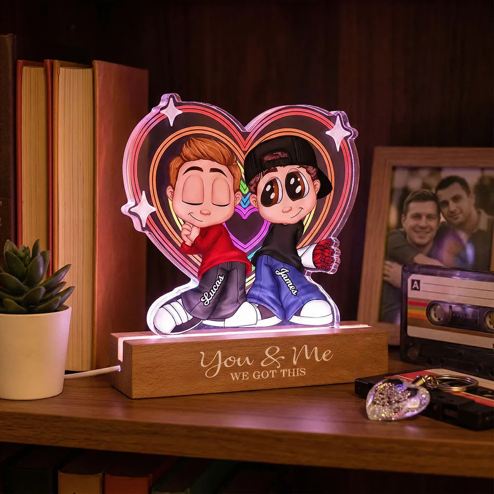 Personalized Shaped Acrylic Block LED Plaque Cute Cartoon Couple in Heart Glow Romantic Unique Gift for Girlfriend or Boyfriend - Image 3