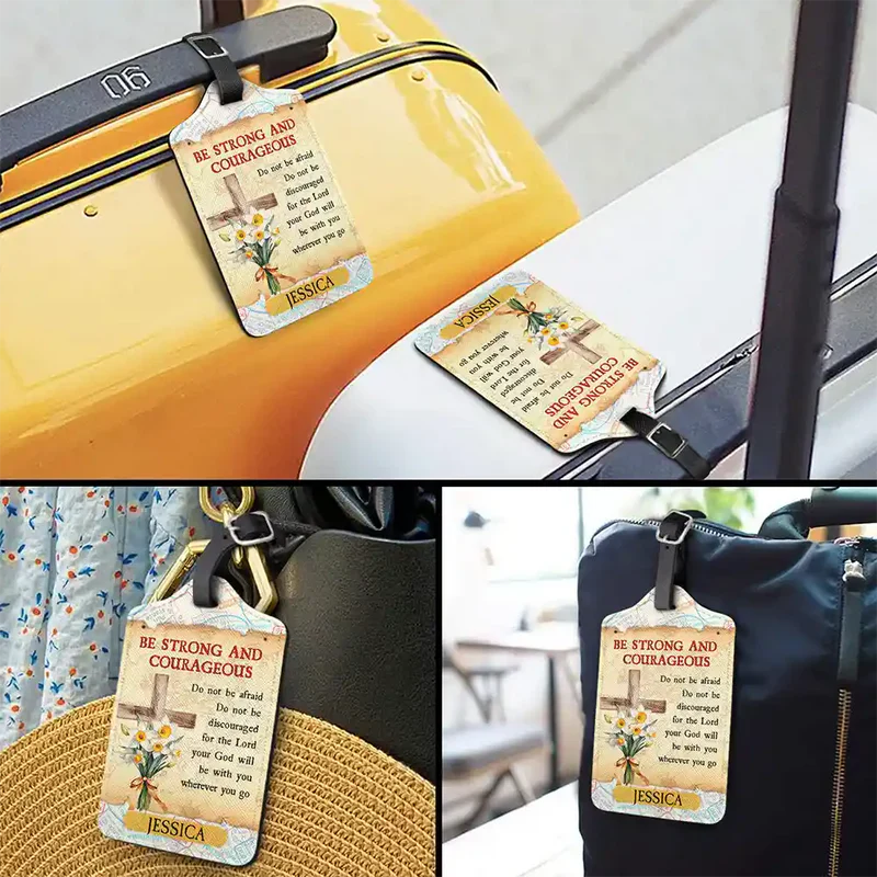 Personalized Leather Luggage Tag with Be Strong And Courageous Quote for Easy Bag ID - Unique Faith Gift for Travelers - Image 3