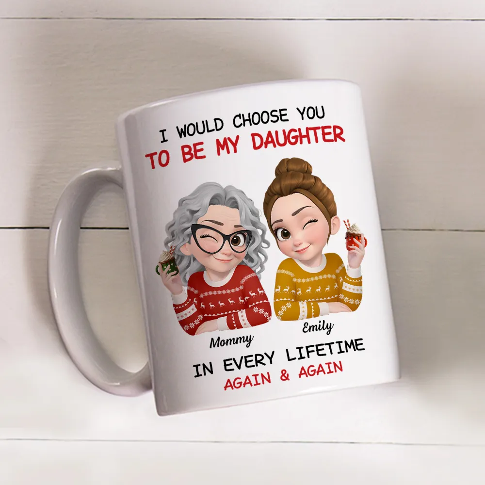 Personalized Mom and Daughter Ceramic Mug With Cute Winter Sweater Cartoon, Unique Gift For Mom, In Every Lifetime Again & Again - Image 7