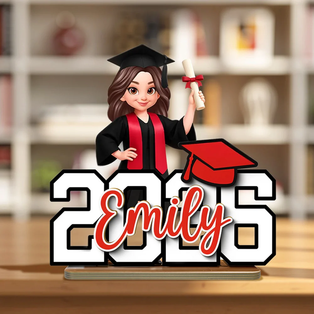 Custom Graduation 2-Layer Wooden Plaque With Cartoon Graduate and Year Sign, Heartfelt Gift For Student Family