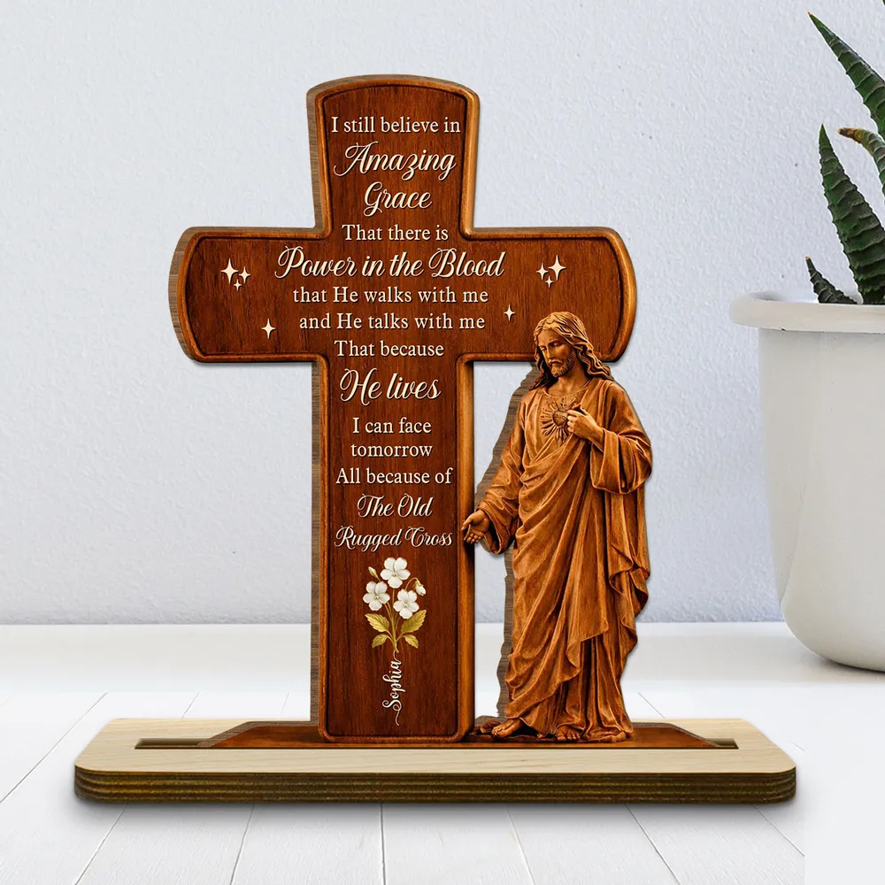 Personalized 2-Layer Wooden Plaque Cross and Jesus Design for Home Display, Amazing Grace Inspired, Unique Faith Gift - Image 3