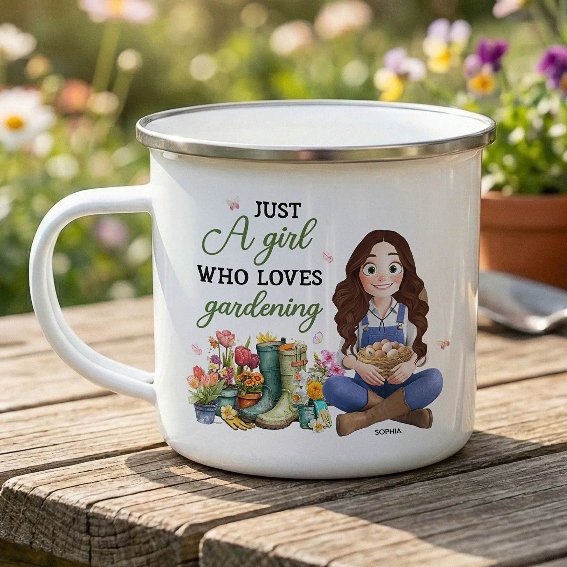 Personalized Gardening Enamel Mug With Cute Cartoon Gardener, Cozy Garden Coffee Cup, Unique Gift for Mom or Grandma - Image 2