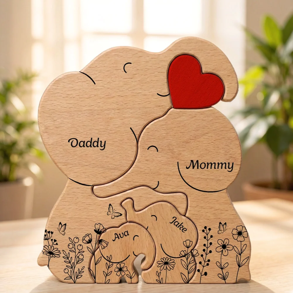 Personalized Elephant Family Wooden Puzzle Plaque, Custom Keepsake for Mom & Dad, Sweet Family Decor, Unique Gift