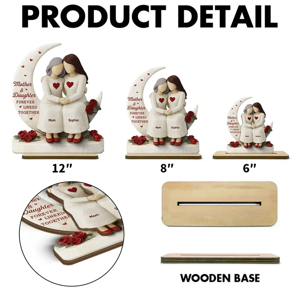 Personalized 2-Layer Wooden Plaque Mother & Daughter Forever Linked Together, Hugging Figurines with Roses, Unique Gift for Mom - Image 4