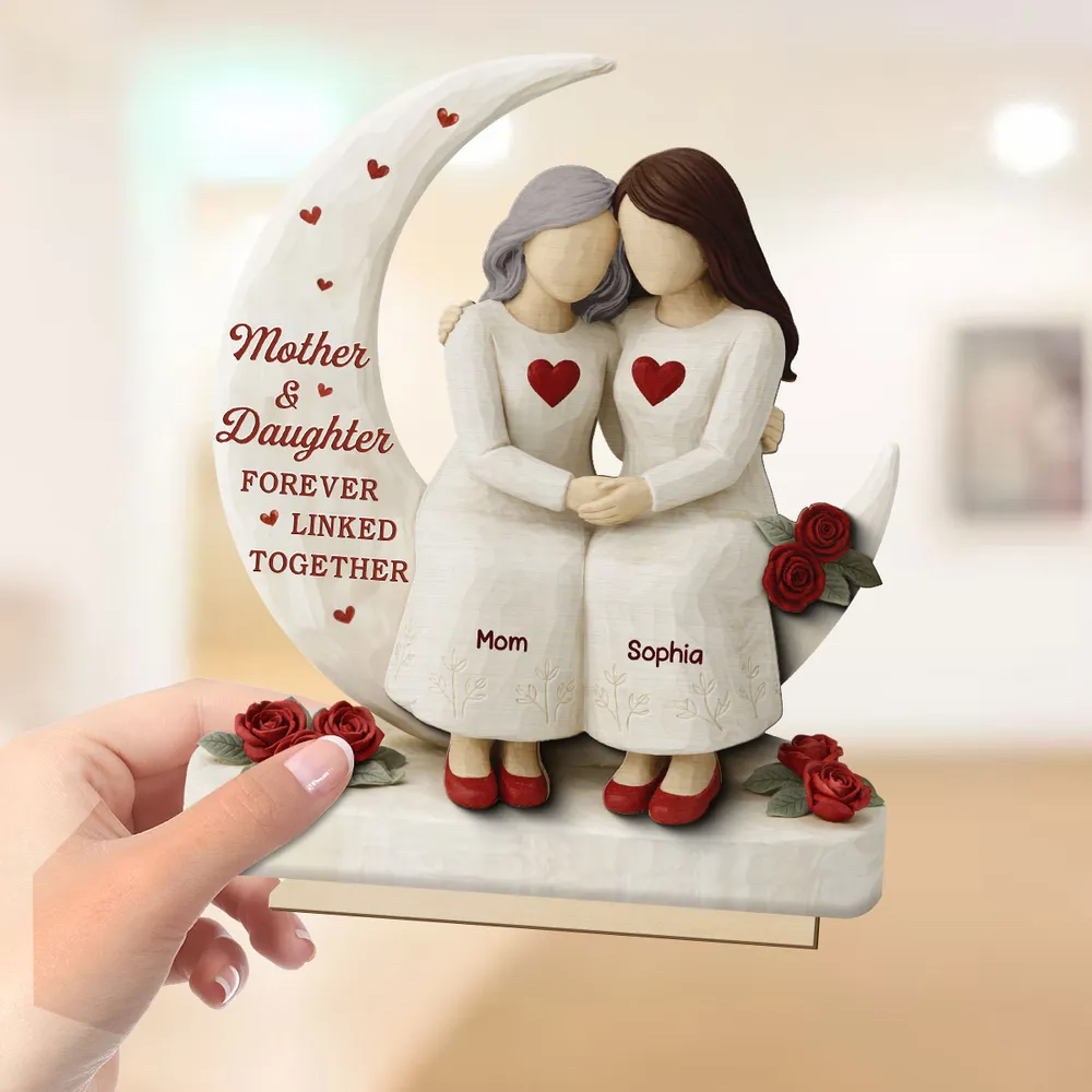 Personalized 2-Layer Wooden Plaque Mother & Daughter Forever Linked Together, Hugging Figurines with Roses, Unique Gift for Mom - Image 6