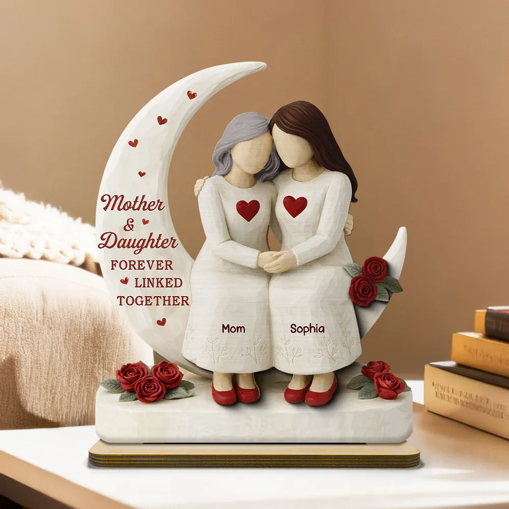 Personalized 2-Layer Wooden Plaque Mother & Daughter Forever Linked Together, Hugging Figurines with Roses, Unique Gift for Mom - Image 7
