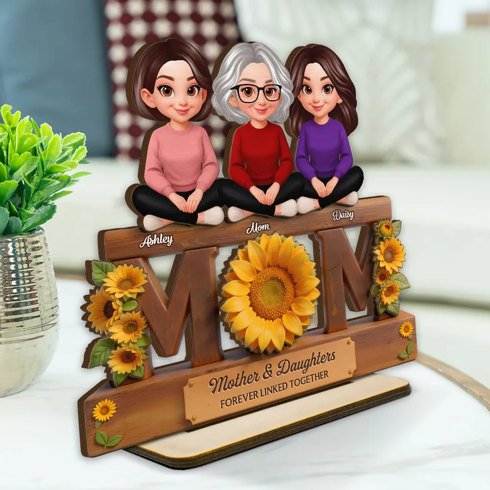 Personalized Style Sunflower Mom & Daughters 2-Layer Wooden Plaque - Sweet Home Display Decor, Unique Gift for Mother's Day - Image 2