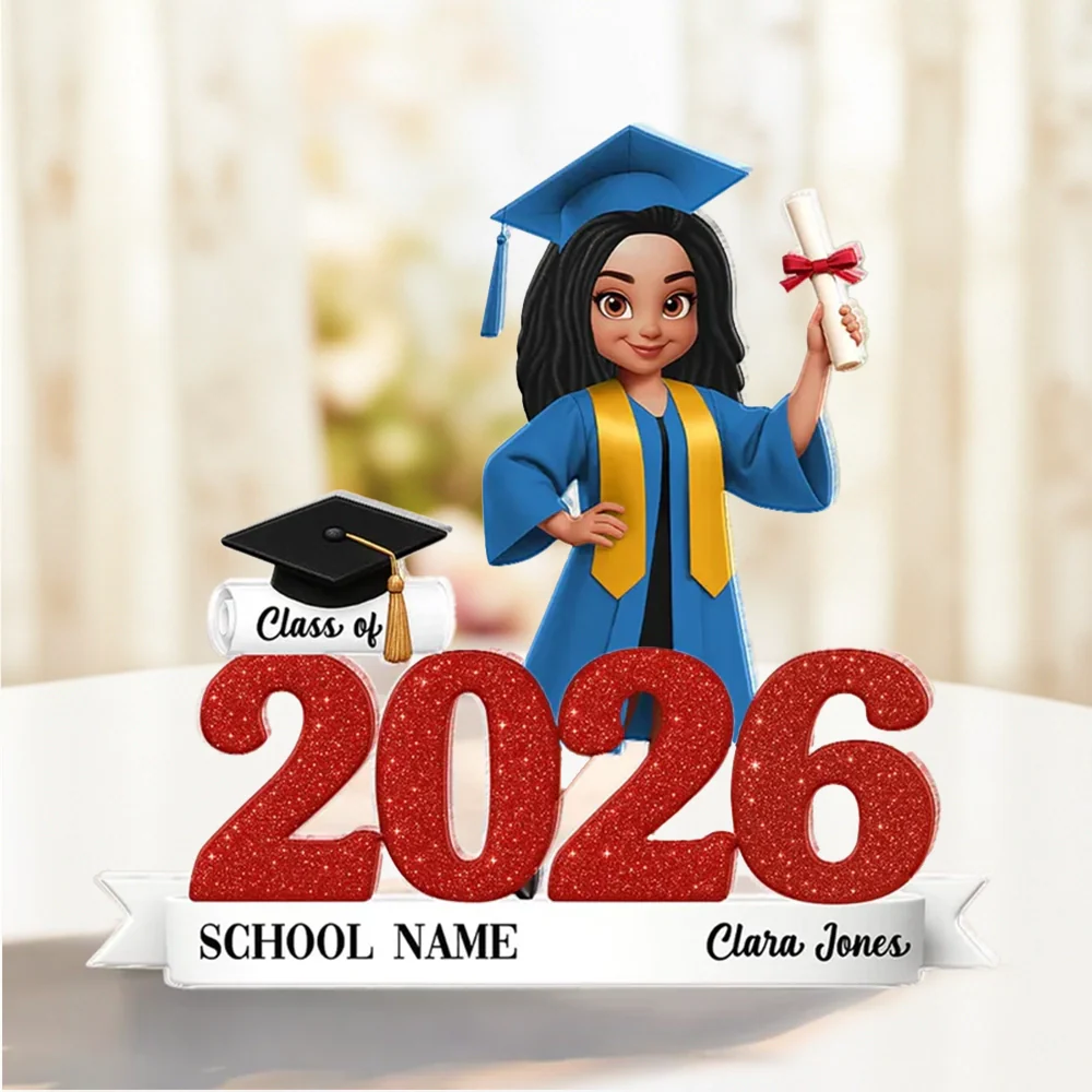 Personalized Class of Graduation Shaped Acrylic Block Plaque, Cute Grad Holding Diploma Shelf Decor, Unique Gift