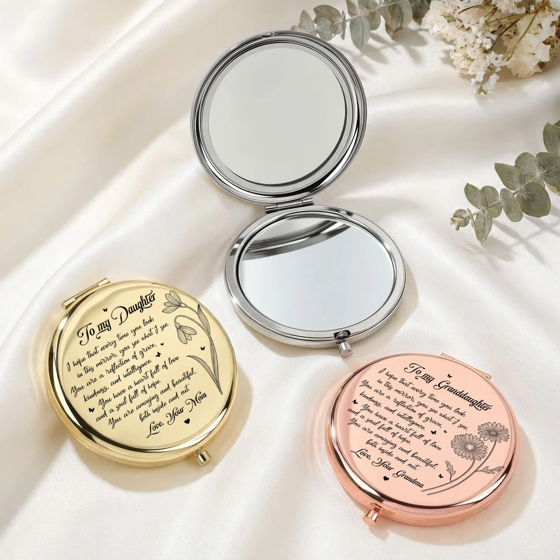 Personalized Metal Compact Mirror with Floral Quote, Sweet Everyday Reminder, Unique Gift for Granddaughter or Daughter - Image 3