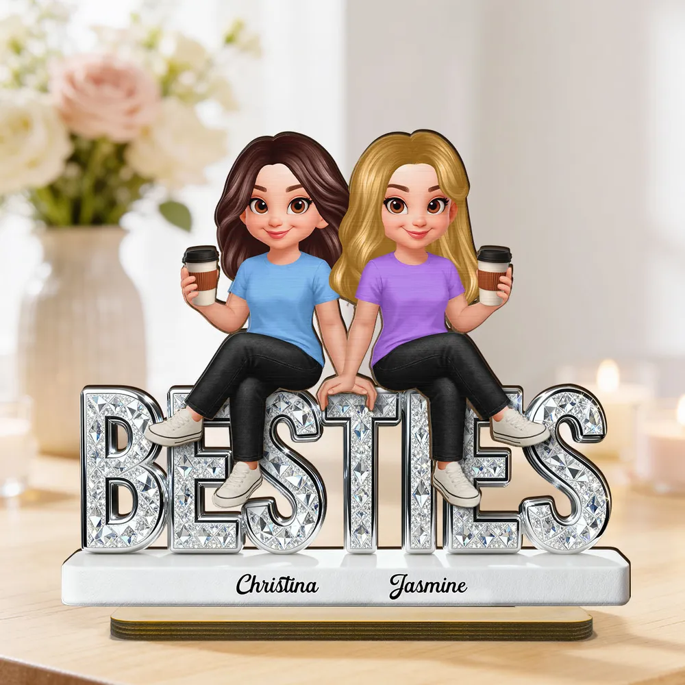 Personalized Besties 2-Layer Wooden Plaque, Cute Cartoon Best Friends Holding Coffee, Unique Gift for Best Friend - Image 2