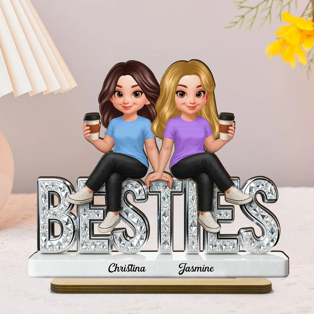 Personalized Besties 2-Layer Wooden Plaque, Cute Cartoon Best Friends Holding Coffee, Unique Gift for Best Friend - Image 3