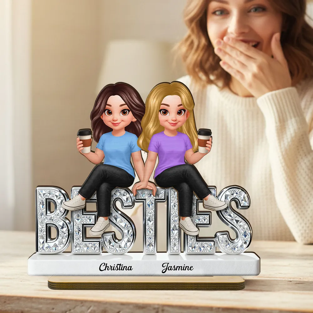 Personalized Besties 2-Layer Wooden Plaque, Cute Cartoon Best Friends Holding Coffee, Unique Gift for Best Friend - Image 8