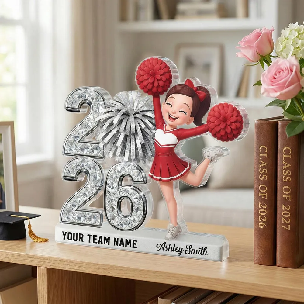Shaped Acrylic Block Plaque With Cheerleader and Pom Poms Desk Decor, A Sweet Personalized Keepsake Gift - Image 3