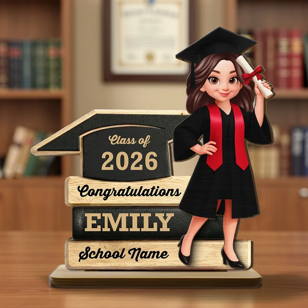 Personalized Graduation 2-Layer Wooden Plaque, Cartoon Grad Holding Diploma, Warm Wood Look, Unique Creative Gift