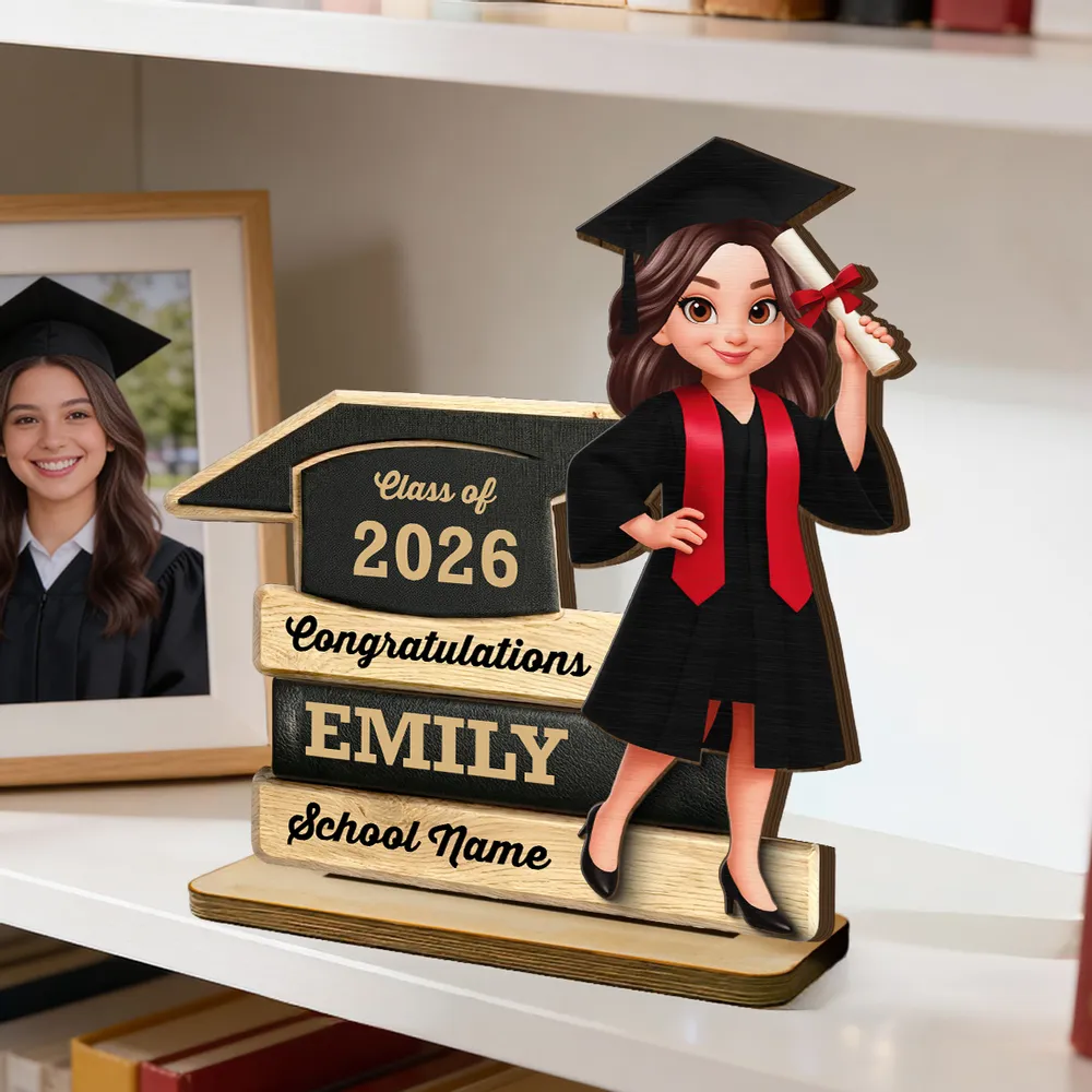 Personalized Graduation 2-Layer Wooden Plaque, Cartoon Grad Holding Diploma, Warm Wood Look, Unique Creative Gift - Image 6