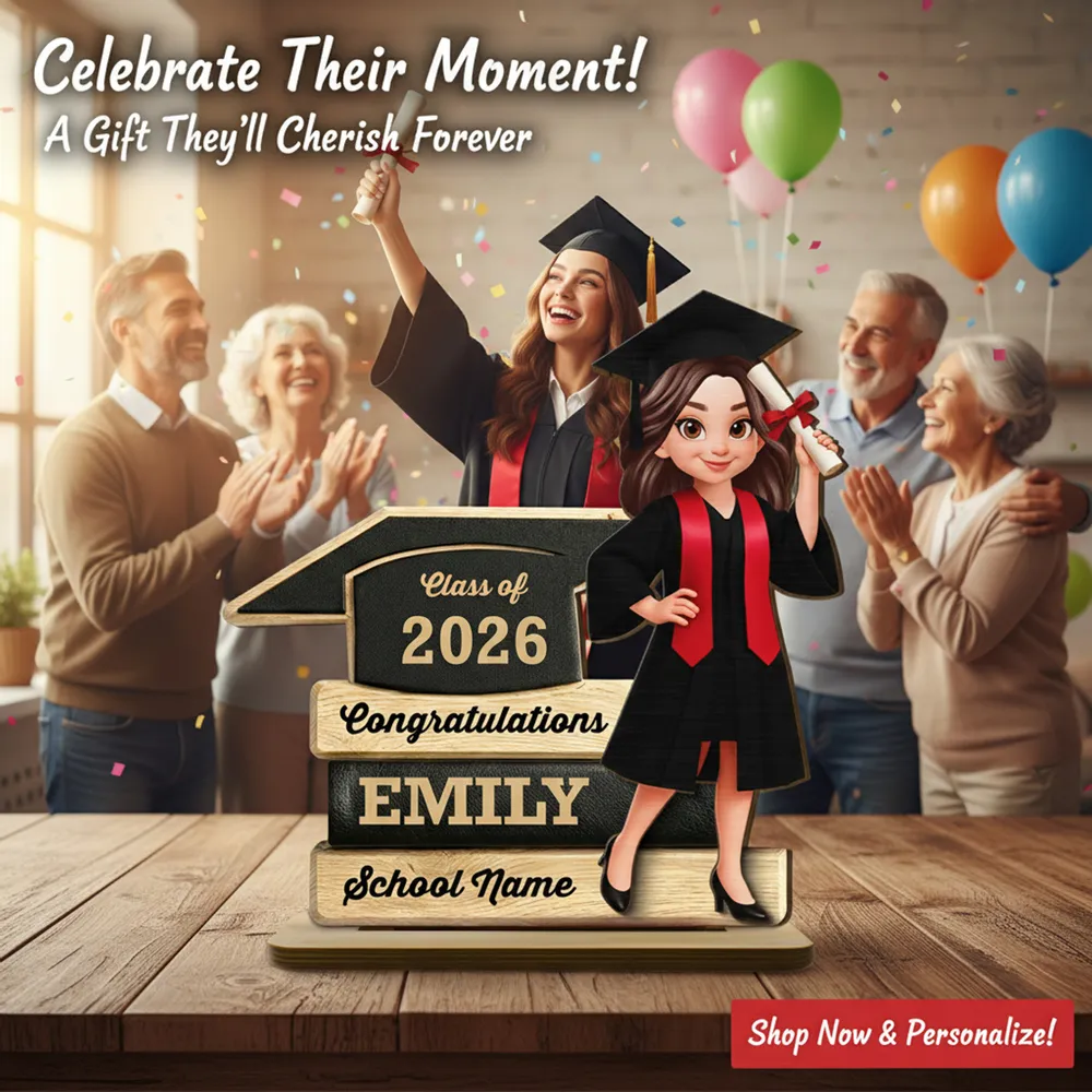 Personalized Graduation 2-Layer Wooden Plaque, Cartoon Grad Holding Diploma, Warm Wood Look, Unique Creative Gift - Image 7