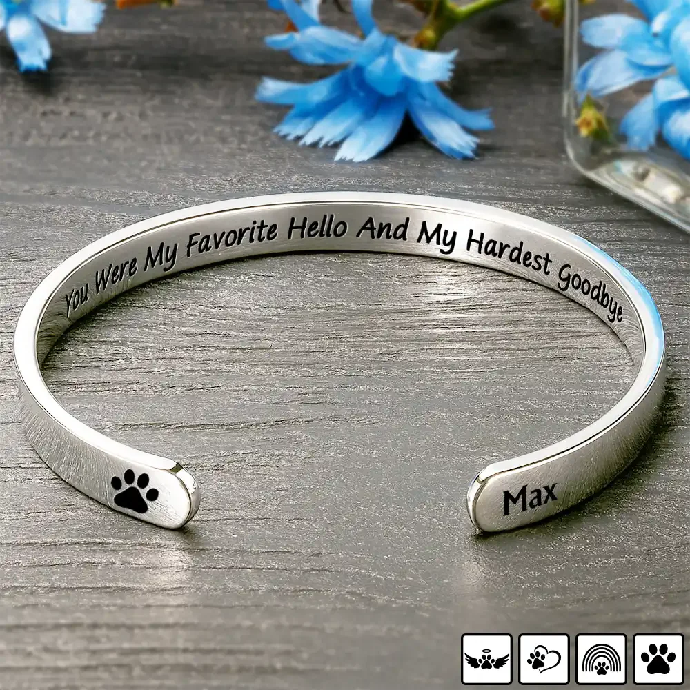 Personalized Stainless Steel Cuff Bracelet With Pet Paw Print Quote, Unique Pet Memorial Gift For Dog Lovers - Image 2