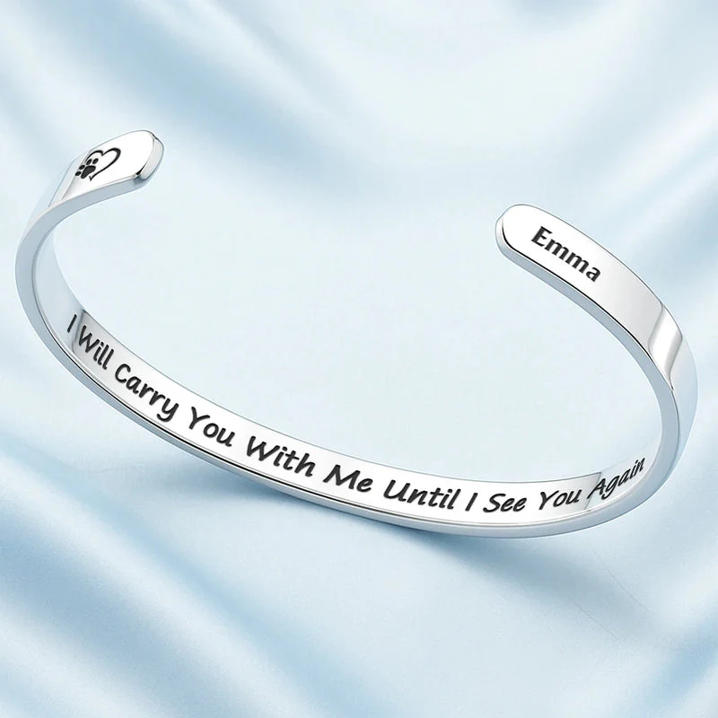 Personalized Stainless Steel Cuff Bracelet With Pet Paw Print Quote, Unique Pet Memorial Gift For Dog Lovers - Image 4