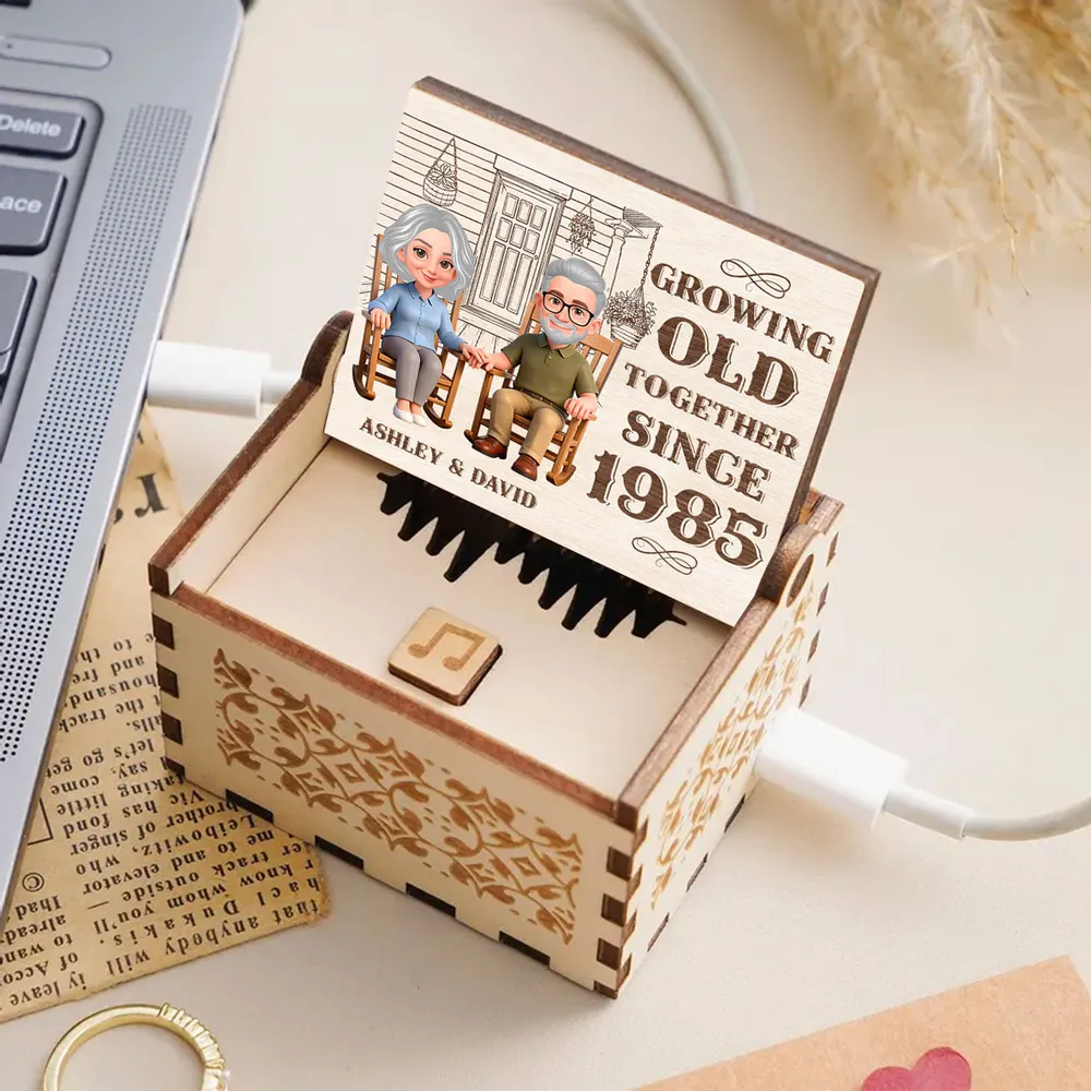 Personalized Wooden Music Box, Growing Old Together Couple Design, Sweet Anniversary Gift for Husband or Wife - Image 3