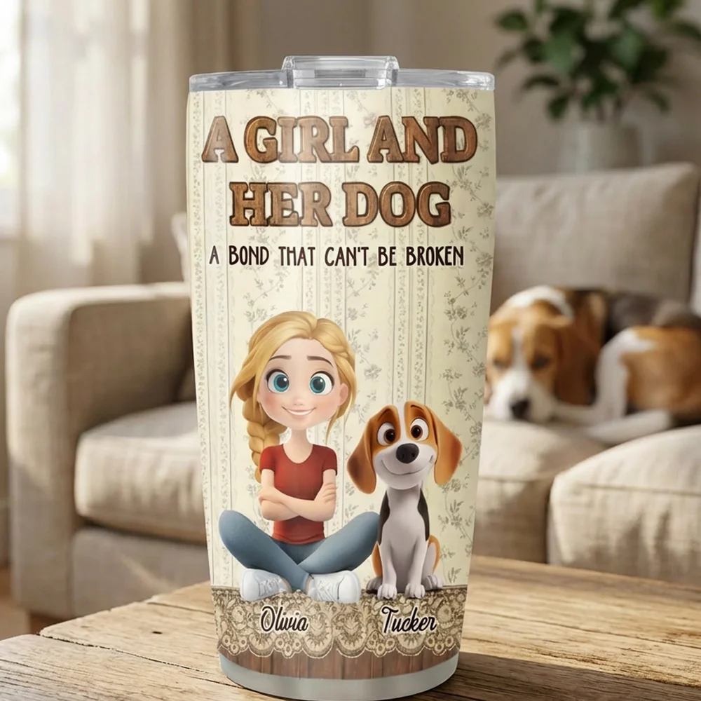 Insulated Travel Tumbler Personalized as a One-of-a-Kind Gift, Cute Girl Sitting with Her Dog, Warm Vintage Style for Daily Coffee - Image 4