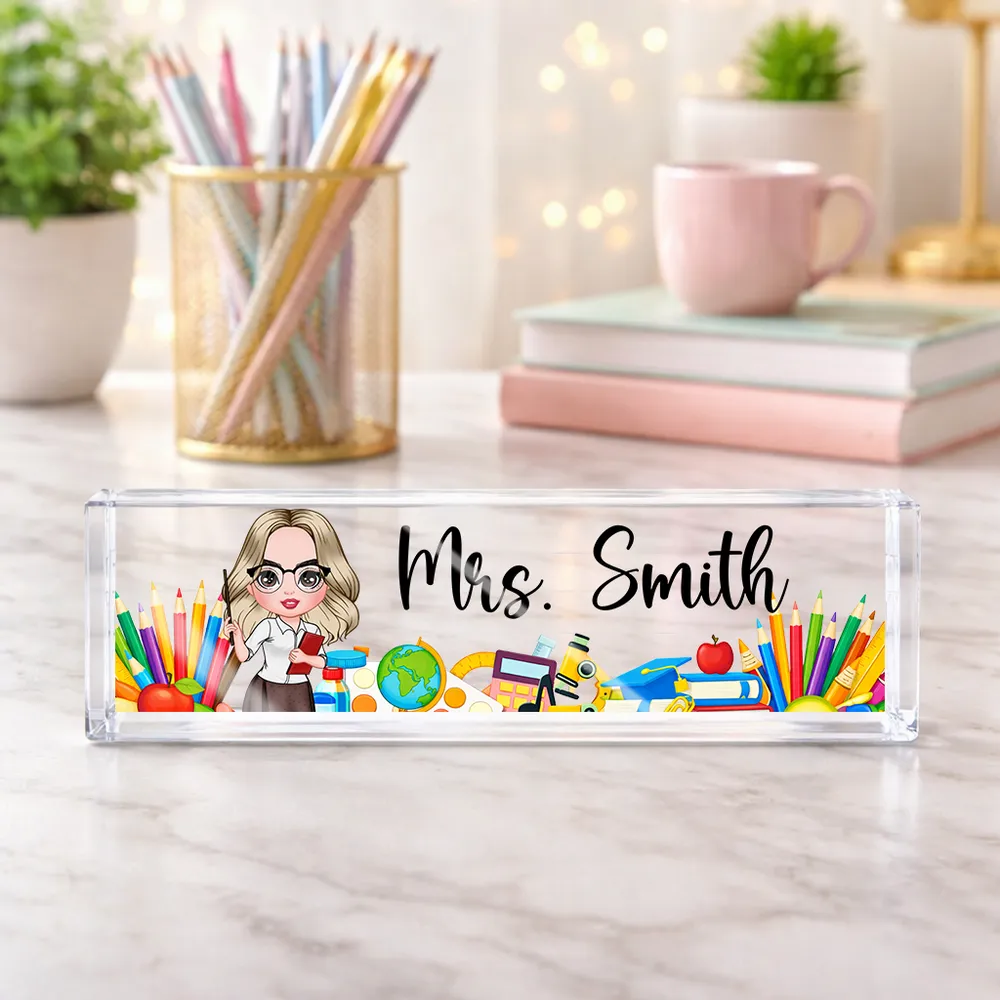 Rectangle Acrylic Block Plaque Personalized for a Teacher, Cute Classroom Desk Decor with Pencils and Books, Thoughtful Gift - Image 2