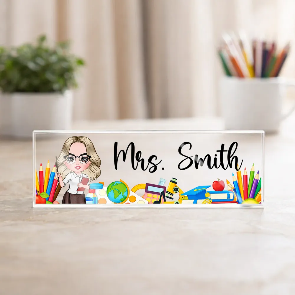 Rectangle Acrylic Block Plaque Personalized for a Teacher, Cute Classroom Desk Decor with Pencils and Books, Thoughtful Gift - Image 3