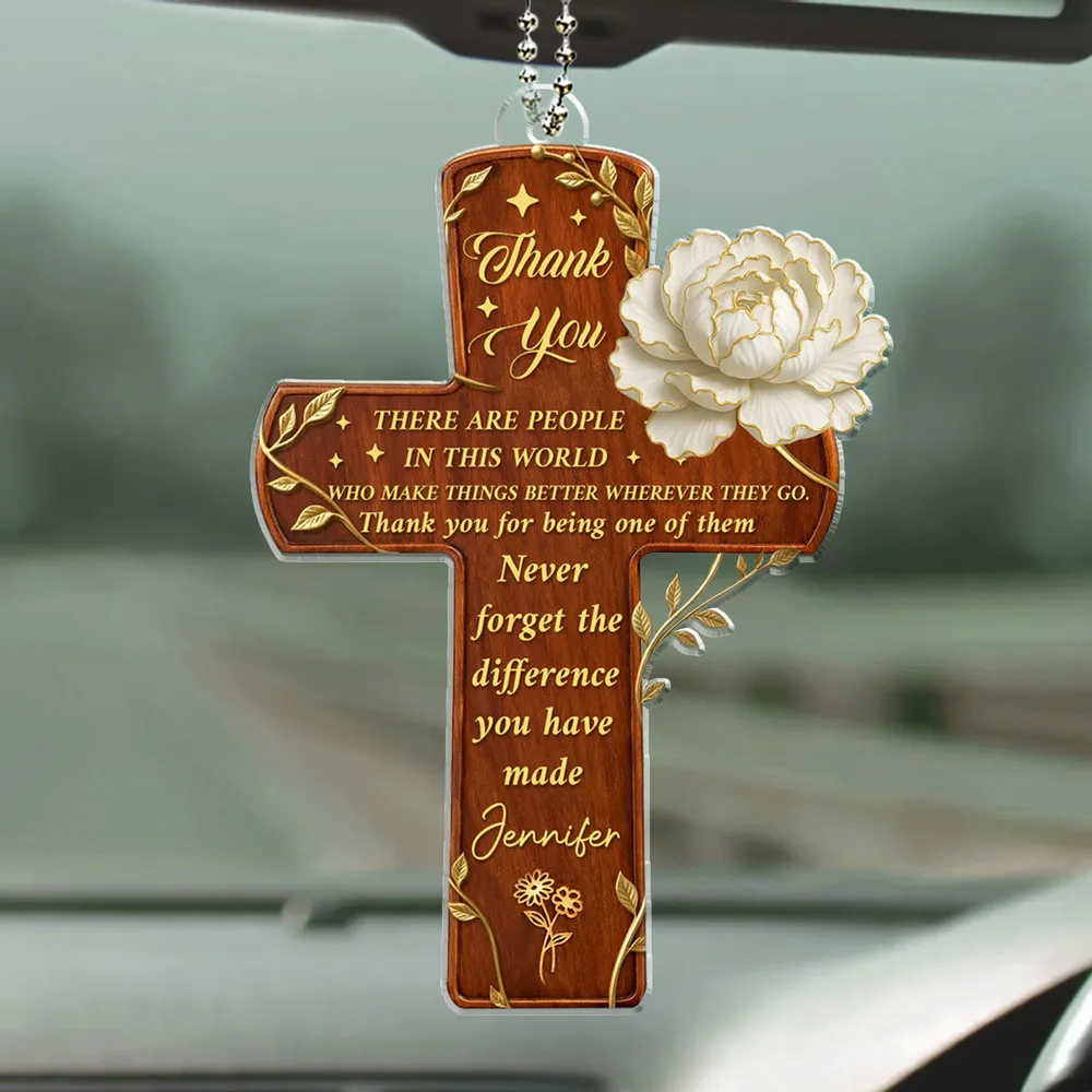Acrylic Car Hanger Gratitude Cross With Flowers, Personalized Thank You Keepsake, Unique Appreciation Gift - Image 2