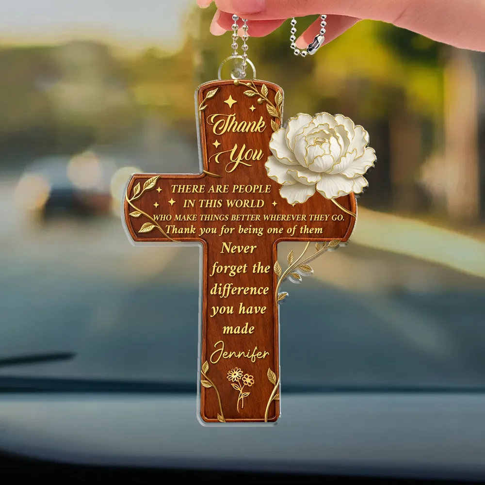 Acrylic Car Hanger Gratitude Cross With Flowers, Personalized Thank You Keepsake, Unique Appreciation Gift - Image 3