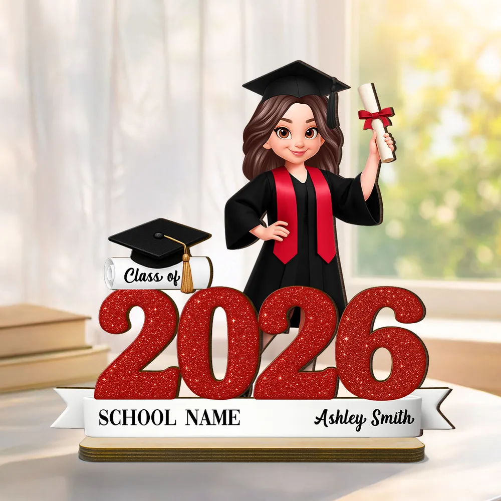 Custom Class Celebration 2-Layer Wooden Plaque, Cute Graduate Figure and Glitter Year Sign, Heartfelt Gift for Grad - Image 2