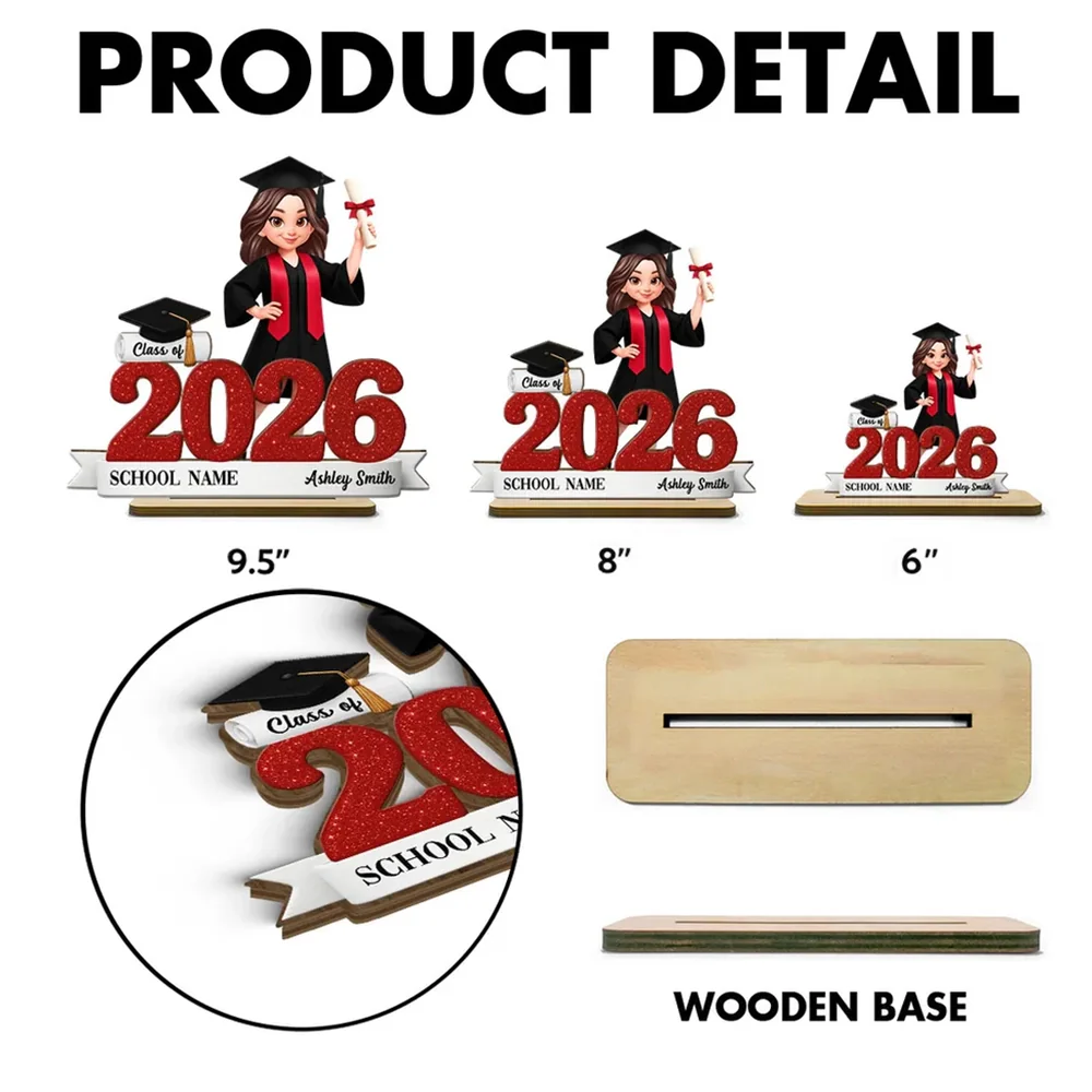 Custom Class Celebration 2-Layer Wooden Plaque, Cute Graduate Figure and Glitter Year Sign, Heartfelt Gift for Grad - Image 4