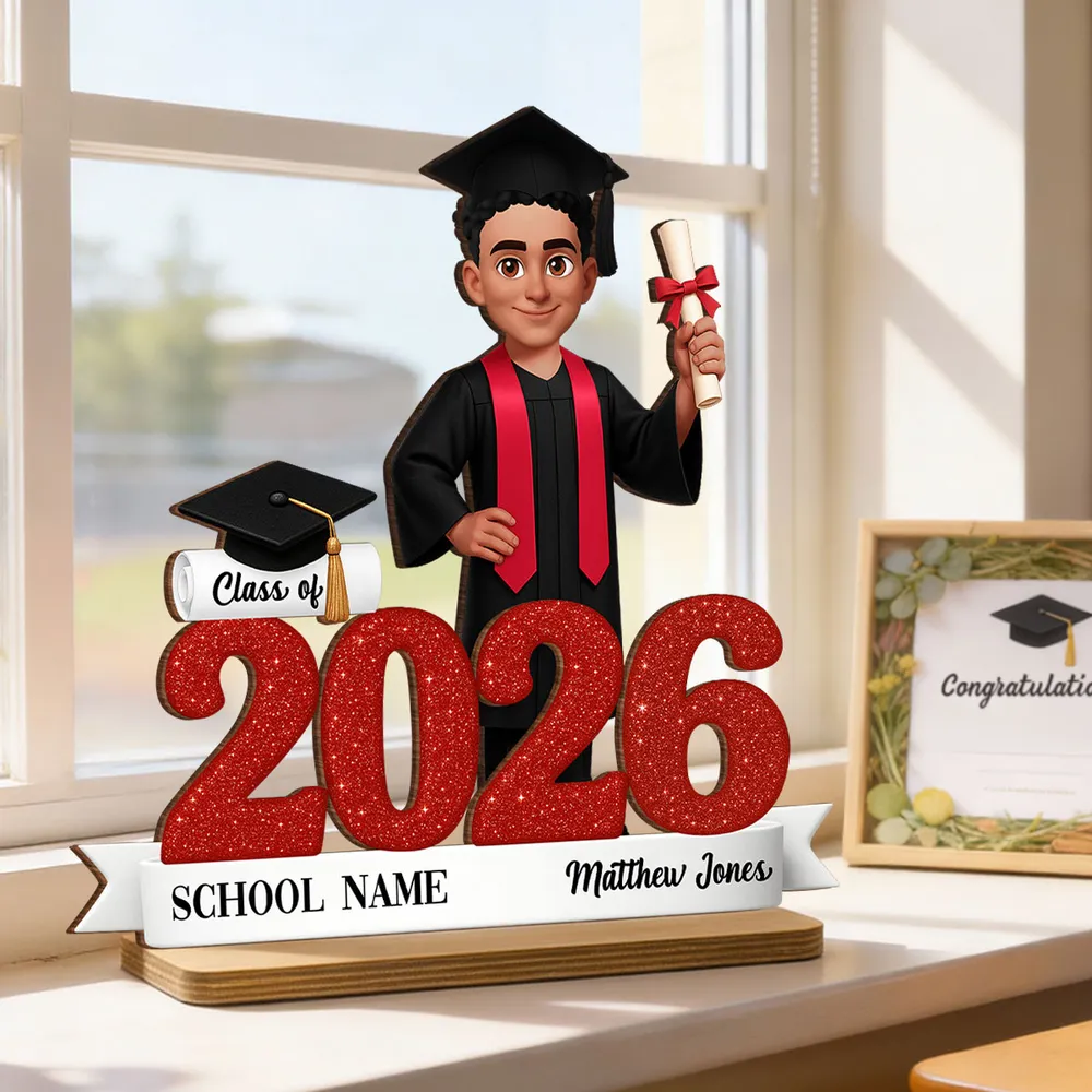 Custom Class Celebration 2-Layer Wooden Plaque, Cute Graduate Figure and Glitter Year Sign, Heartfelt Gift for Grad - Image 7