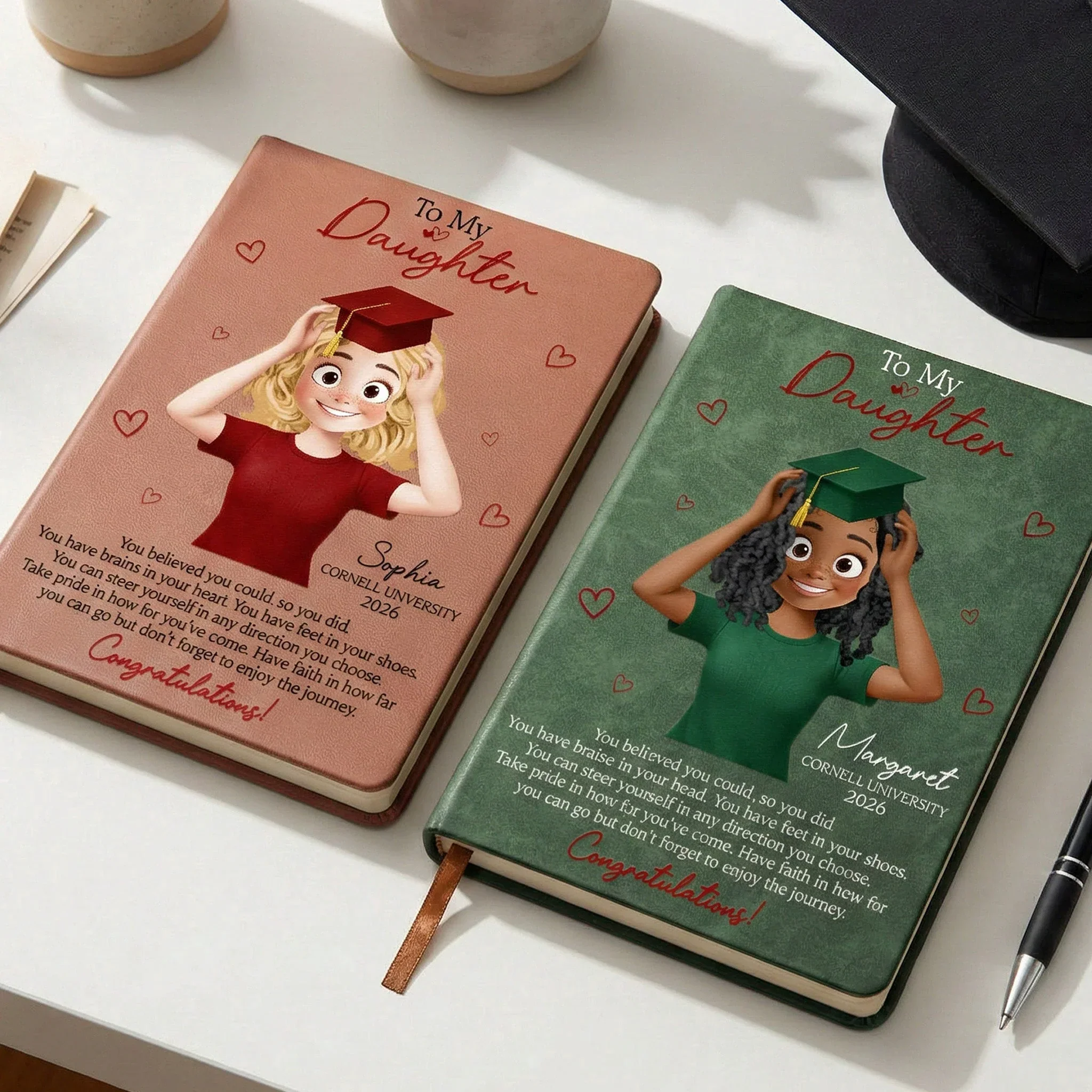To My Daughter Graduation Leather Journal, Personalized Congrats Message with Heart Accents, Meaningful Unique Gift for Her - Image 2
