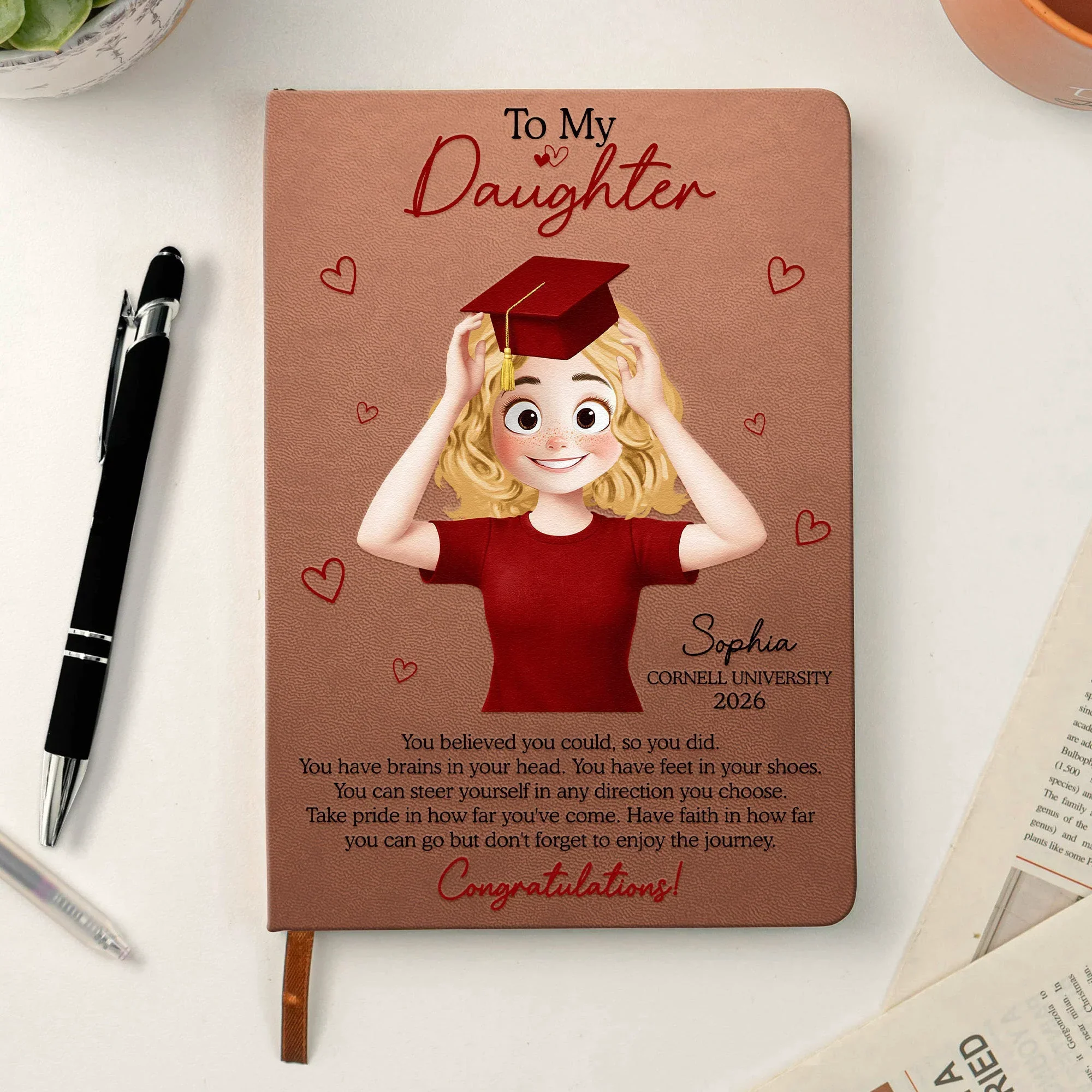 To My Daughter Graduation Leather Journal, Personalized Congrats Message with Heart Accents, Meaningful Unique Gift for Her - Image 3