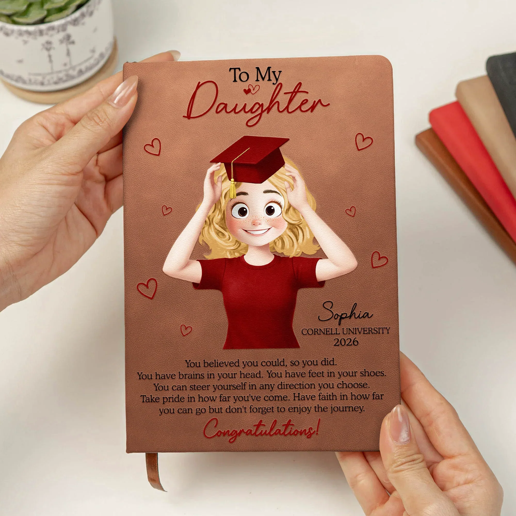 To My Daughter Graduation Leather Journal, Personalized Congrats Message with Heart Accents, Meaningful Unique Gift for Her - Image 4