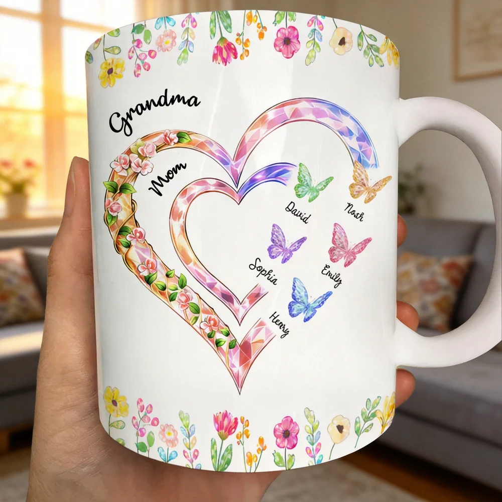 Personalized Ceramic Mug with Crystal Heart for Grandma & Mom, Butterfly Floral Design, Unique Family Gift for Daily Coffee