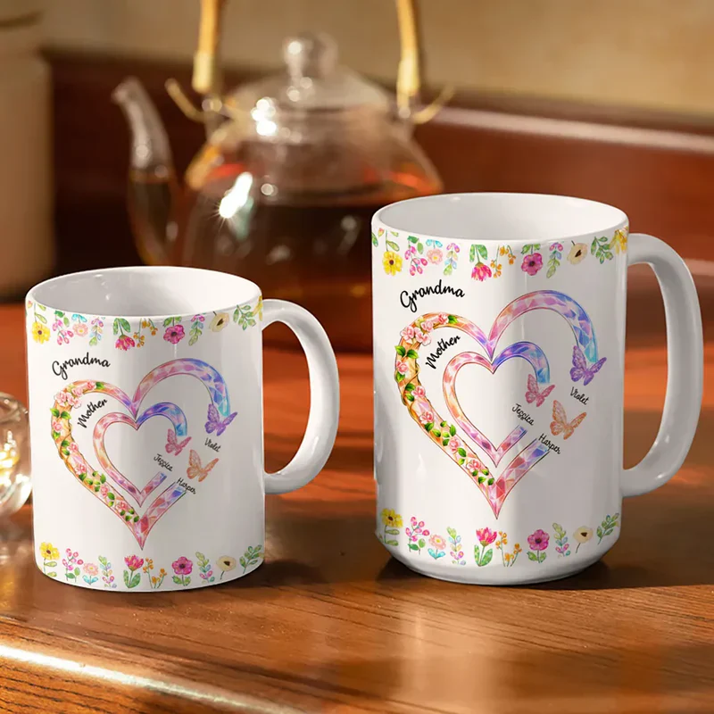 Personalized Ceramic Mug with Crystal Heart for Grandma & Mom, Butterfly Floral Design, Unique Family Gift for Daily Coffee - Image 2