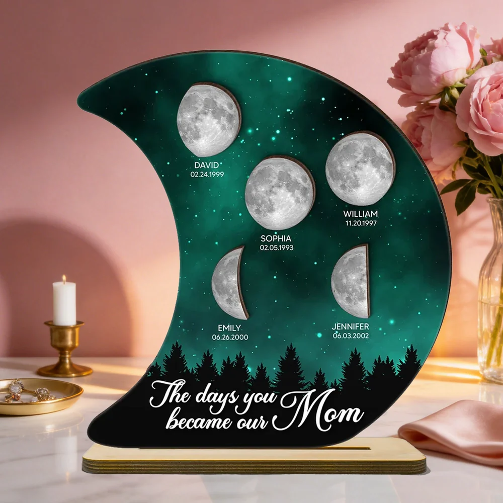 Personalized 2-Layer Wooden Plaque Moon Phase Galaxy Night for Mom The Days You Became Our Mom Unique Gift