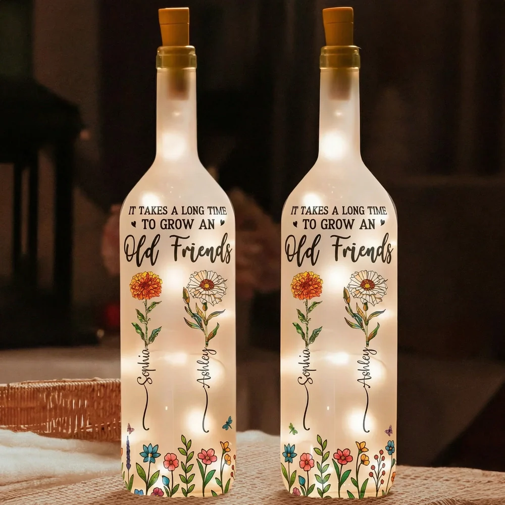 Personalized Bottle Lamp with Old Friends Quote and Floral Design, Cozy Bedroom Decor, Unique Gift for Best Friend - Image 2