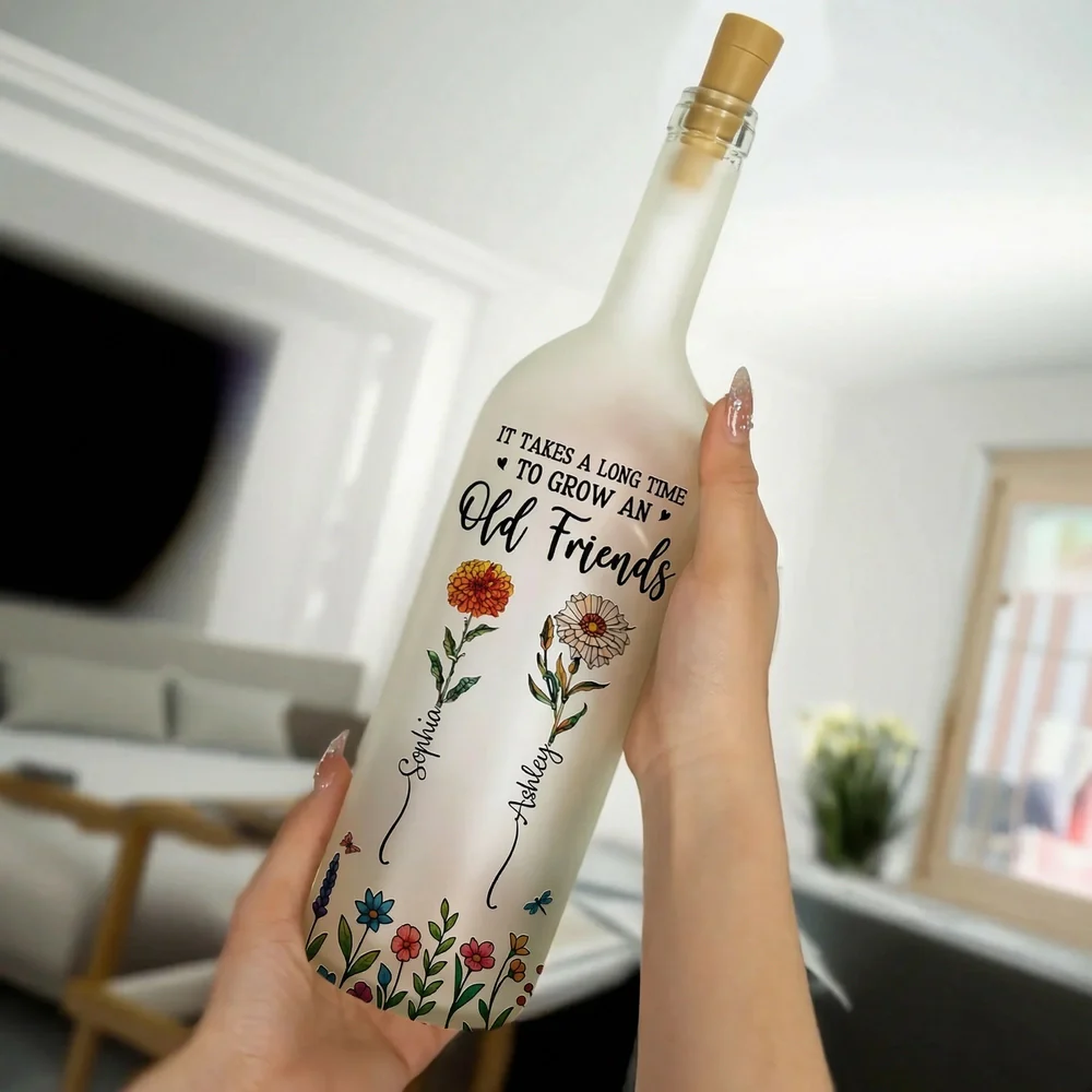 Personalized Bottle Lamp with Old Friends Quote and Floral Design, Cozy Bedroom Decor, Unique Gift for Best Friend - Image 5